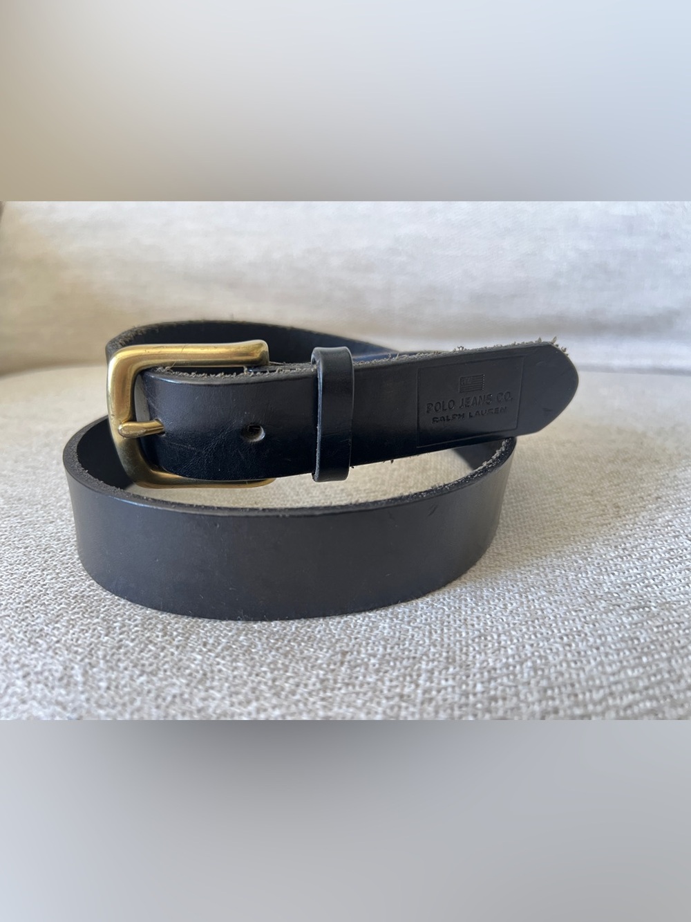 Polo Jeans Ralph Lauren Thick Black Cowhide Leather Belt Antique Brass Buckle M